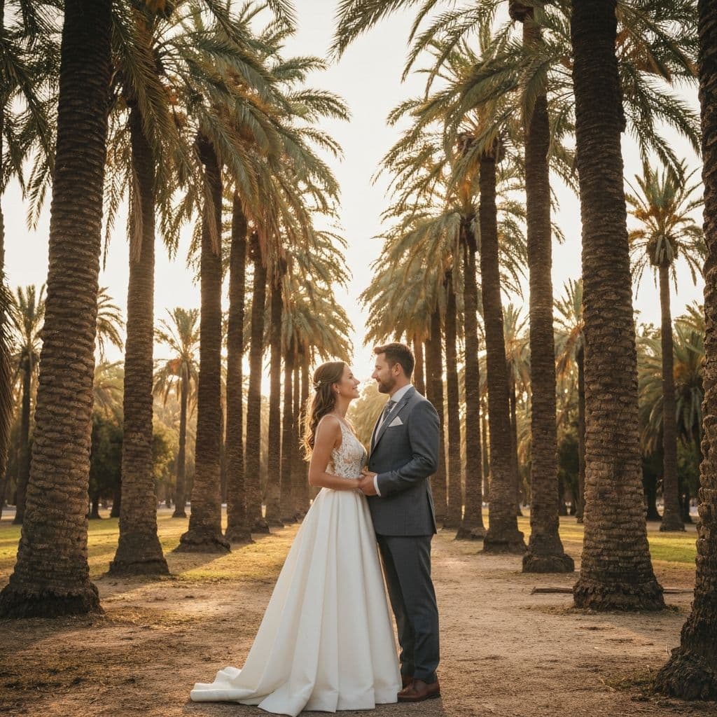 Wedding photographer in Elche - couple in the palm grove